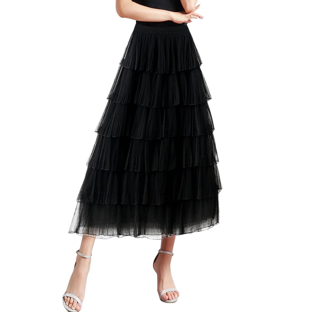 Hunter & Brown Black Tiered Tulle Pleated Mesh Midi Skirt Elastic Waist Size M